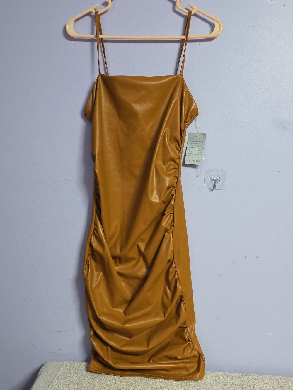 bebe Mustard Faux-Leather Ruched Spaghetti Strap Mini Dress